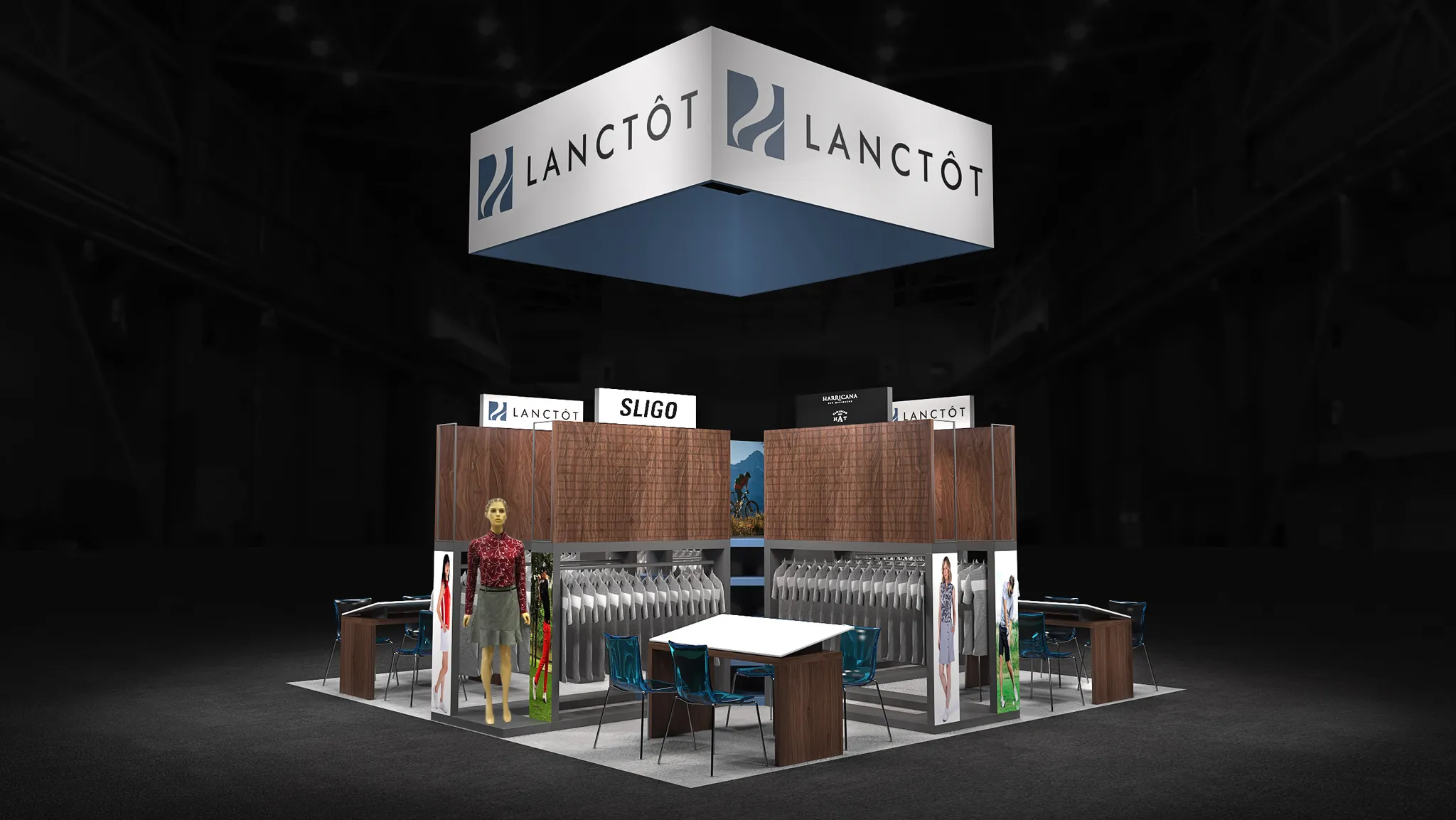 20x20 booth with sports corners and meeting areas